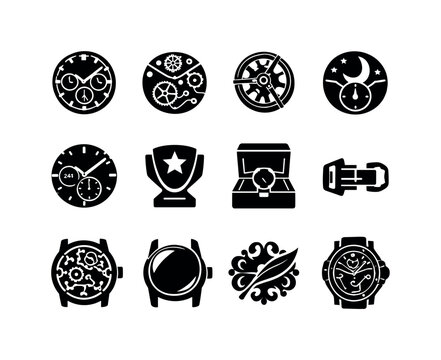 Luxury Watch Icons. High-end timepieces. Solid icon set of High-end timepieces: luxury dial, Swiss movement, tourbillon, moonphase display, GMT function,