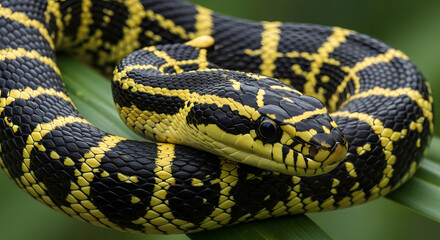 Obraz premium Close-Up of Snake with Black and Yellow Pattern Generative AI.
