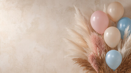 Boho baby shower balloon decor with pampas grass on neutral textured wall background, copy space