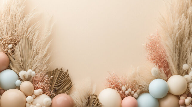 Neutral balloon arch with pampas grass and dried palm leaves, boho celebration backdrop with copy space
