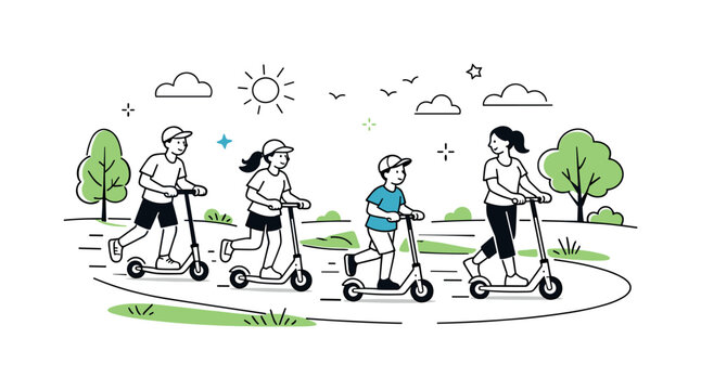 Scooter Ride Bliss. Group riding scooters in park. People riding scooters along a green path with trees and open space around. Balance, fresh air, and relaxed