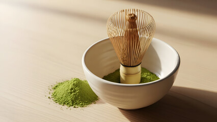 Matcha green tea powder and whisk in a bowl on a table