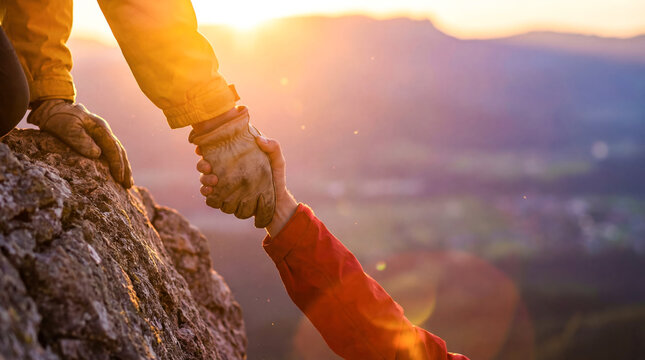 Two people climbing a mountain help each other reach the top during sunset in a scenic landscape with bright colors in the sky