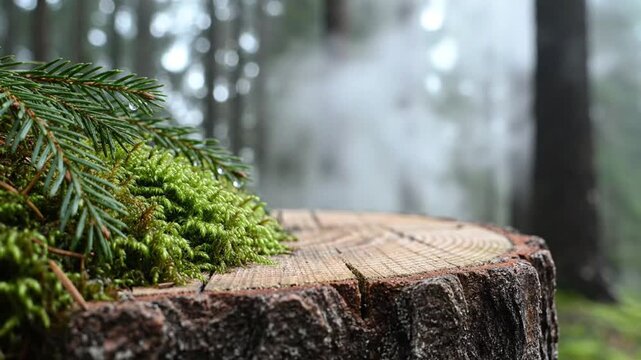 A serene forest scene with a tree stump and lush greenery in the foreground, captured from a low viewpoint