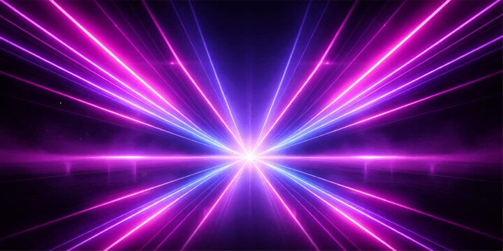 A shiny abstract purple and blue vector background features a bright space design with glowing stars, laser light rays, and a burst of energy for a disco night backdrop illustration