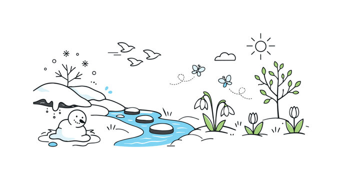 Winter's Gentle Transition. Passing of winter concept. A calm editorial scene showing winter gently fading away, with snow retreating and early spring elements