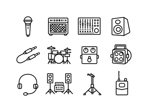 Live Music Icons. Live Music Equipment. Line icon set of Live Music Equipment: microphone, amplifier, mixer board, monitor speaker, audio cable, drum kit,