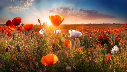 Field Of Colorful Poppy Flowers Under Warm Sunlight During Springtime