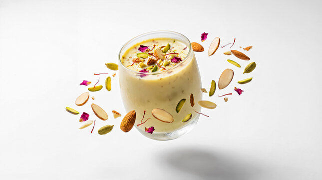 Glass of Indian Thandai Beverage and Ingredients Float in Air, Empty White Studio Background