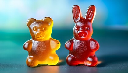 Gummy Buddies Two Delectable Gummy Candies A Bear And A Rabbit Stand Side By Side Radiating Sweetness And Childhood Joy