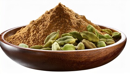 Cardamom Pods And Powder In A Bowl Isolated On Transparent Background