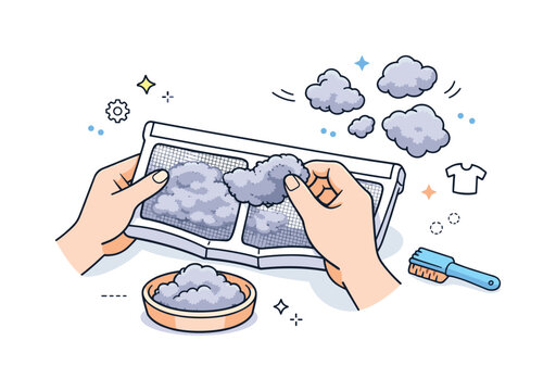 Cleaning Dryer Filter. Simple home maintenance task. A close-up view of a dryer filter being cleaned, with lint forming soft abstract shapes as it?s removed.