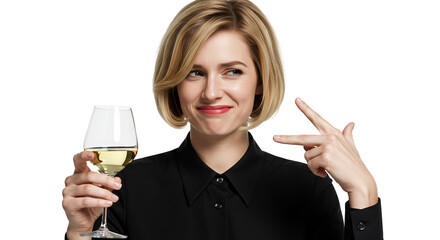 Woman pointing to wine glass, smiling blonde in black shirt for advertising and alcohol branding, isolated on transparent background.