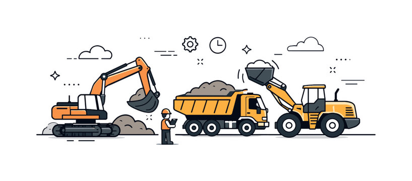 Heavy Machinery Harmony. Industrial machinery at work. Excavators and loaders move earth in a controlled environment, highlighting productivity and scale. The