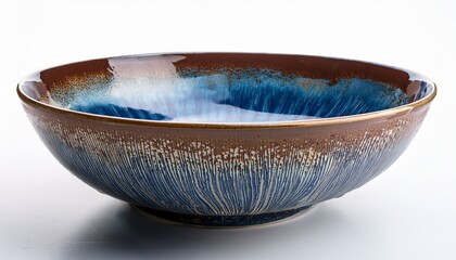 Ceramic Bowl With Blue And Brown Glaze Details On White Background