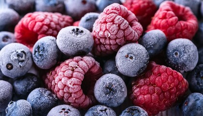 Mix Of Frozen Berries Blueberries And Raspberries Closeup Photo From Above Natural Organic Vegan Raw Food Ingredient