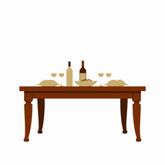 Fototapeta premium Elegant table setting with wine bottles, glasses, and delicious bowls of food including fruits and bread on a sophisticated wooden dining table