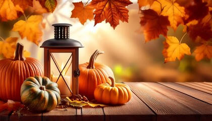 Autumn Pumpkins And Gourds With Lantern And Decorative Leaves On Wooden Table