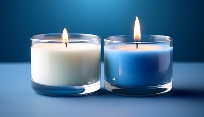 Two Candles One Blue And One White Glow Softly Against A Blue Backdrop Creating A Tranquil Ambiance Perfect For Relaxation