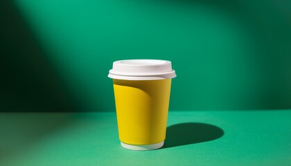 A Yellow Disposable Coffee Cup With A White Lid Sits On A Green Surface Against A Green Background With A Shadow Underneath