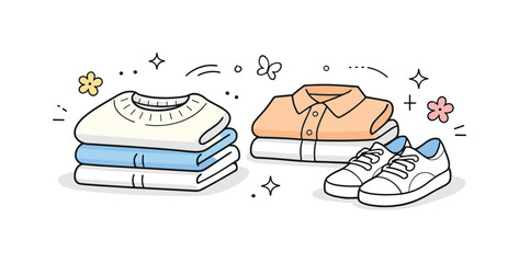 Spring Wardrobe Update. Spring wardrobe update. A calm scene of neatly folded light sweaters, shirts and shoes laid out with small floral icons floating