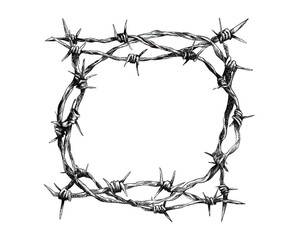 A black and white sketch of barbed wire forming a square shape