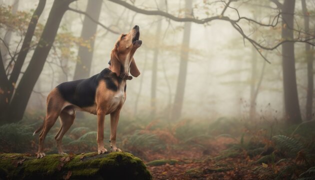 Hound dog howling in a foggy autumn forest, standing on a mossy log. Mystical wilderness nature scene for seasonal and wildlife concept.
