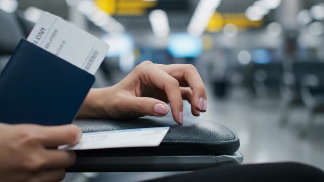 Close up of woman's hands holding passport and boarding pass at airport. Passenger waiting for flight in terminal
