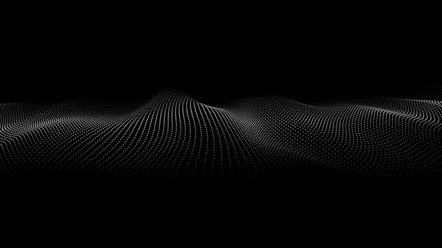 Waves transmit silent codes through a luminous matrix. Particles pulse with digital motion. 3D rendering. Seamless loop.