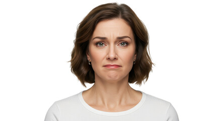 Caucasian middle-aged woman with brown hair and white t-shirt, isolated on transparent background. for advertising and marketing