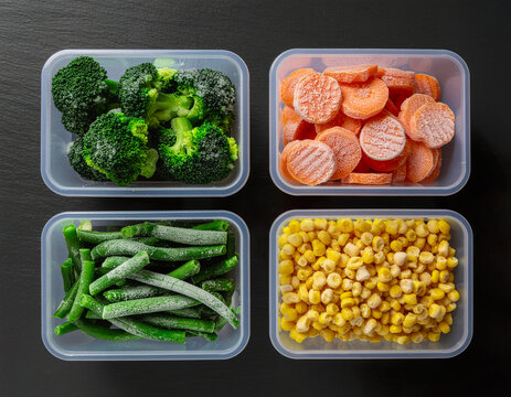 Overhead flat lay view of transparent plastic food containers filled with chopped frozen vegetable