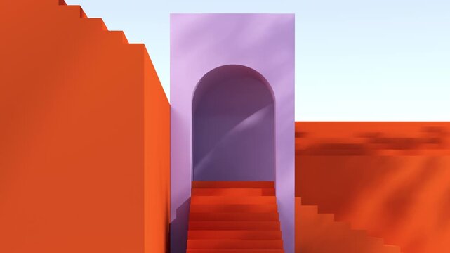 Geometric arched wall with layered cutouts and shadows of tree branches. 3D architectural background. Design for banner, poster, wallpaper, and header.