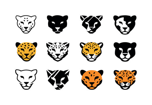 Leopard Logo Variations. Leopards. Icon set. Set Logo of Leopards: leopard head. harmonious logo variations of the same emblematic concept, each with different
