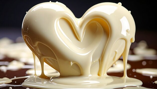A delicious heart-shaped white chocolate dessert melting and dripping with creamy sweet sauce. A romantic and decadent confection for Valentine's Day or a special occasion, isolated on a dark bg.
