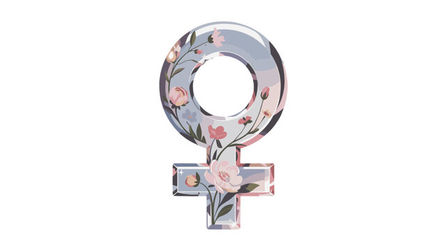 An artistic illustration of the female gender symbol decorated with delicate floral arrangements.