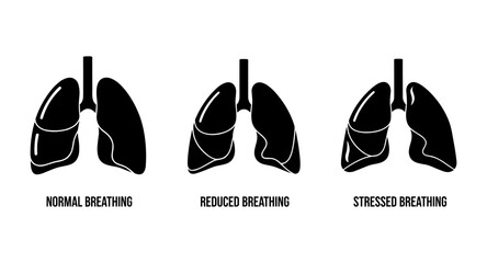 Comparison of normal, reduced, and stressed breathing patterns shown with lung icons