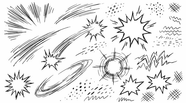 hand drawn comic effect set with motion lines speed strokes impact bursts explosions and dynamic energy marks in black and white sketch illustration style
