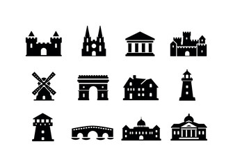 Naklejka premium Historic Icon Collection. Historic buildings. Solid icon set of historic buildings: castle, cathedral, ancient temple, fortress, old mill, monument arch,