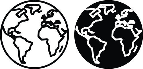 World map icon, black and white line drawing on white background with globe continents minimalist outline design © MOSTAMBIA