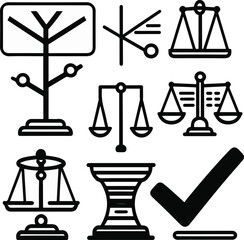 decision making objects, decision tree diagram, yes no choice sign, comparison balance scale, data driven chart, final approval checkmark, bold black thick outline line art 1