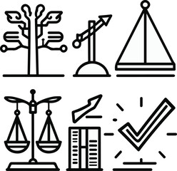  decision making objects, decision tree diagram, yes no choice sign, comparison balance scale, data driven chart, final approval checkmark, bold black thick outline line art 3