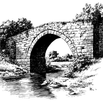Illustration of a stone bridge over a river with trees and vegetation in a black and white drawing