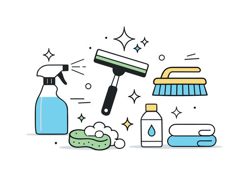 Modern Cleaning Solutions. Abstract home cleaning hack concept. Simplified cleaning tools and sparkles arranged in a balanced symbolic composition. The mood