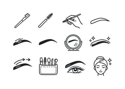Eyebrow Grooming Icons. Brushing Eyebrows. Line icon set of Brushing Eyebrows: eyebrow brush, spoolie tool, hand holding brush, eyebrow outline, grooming
