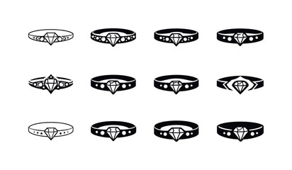 Luxury Diamond Icons. Diamond-encrusted accessories. Icon set. Set Logo of Diamond-encrusted accessories: luxury bracelet with gems. harmonious logo variations