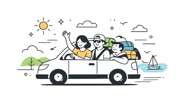 Road Trip Adventure. Spring break road trip. Friends traveling together in a car with bags and abstract scenery passing by. The scene suggests adventure,