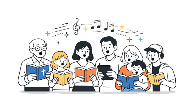 Generations in Harmony. Hymns across generations. People of different ages singing together from hymn books and screens, calm and unifying mood. Editorial