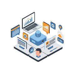 Digital marketing and data analysis concept with laptop and various icons.