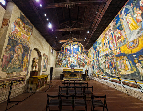 St. John the Baptist Oratory, Urbino, Italy, features vibrant 15th-century Late Gothic frescoes by the Salimbeni brothers, a masterpiece of International Gothic art