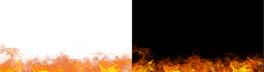 PNG image of Intense bright orange and yellow flames burning vigorously along the bottom edge on transparent background © MariaAlam